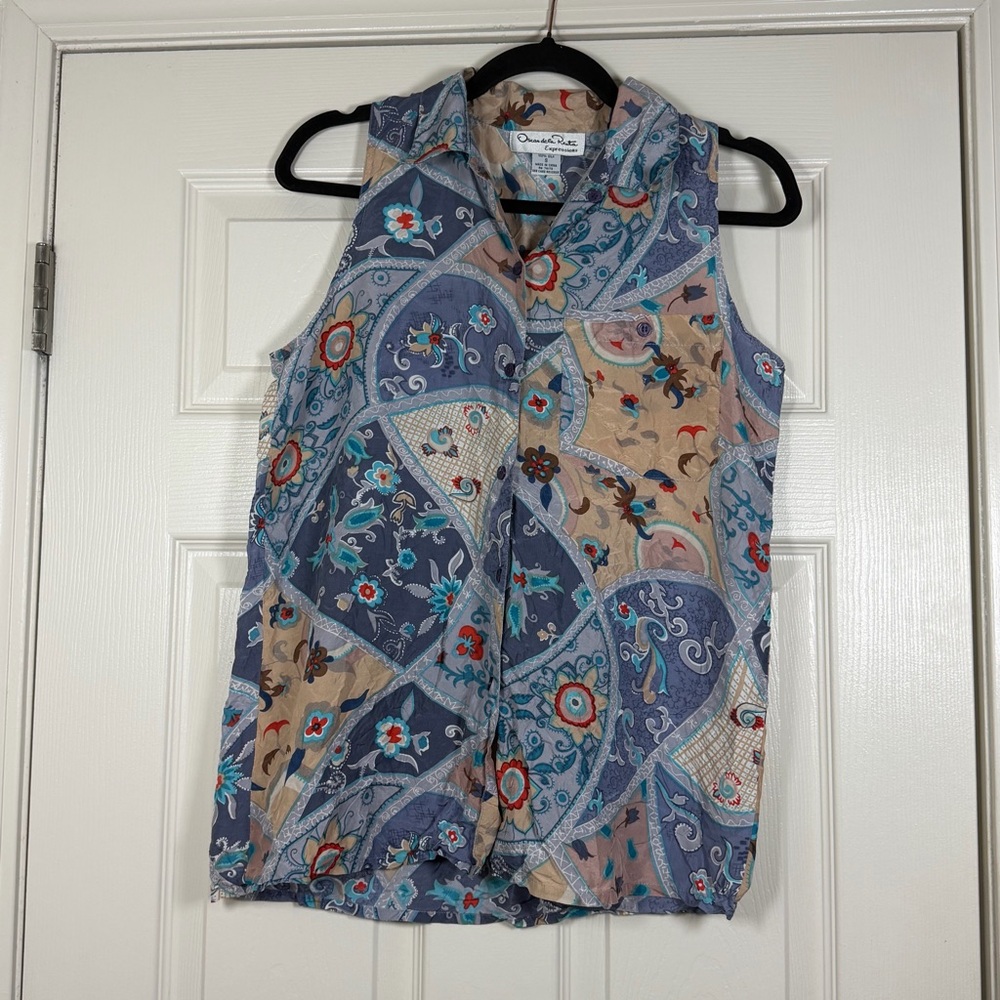 Oscar de la Renta 100% Silk Floral Sleeveless Button Down Blouse Boho/Hippie Sm